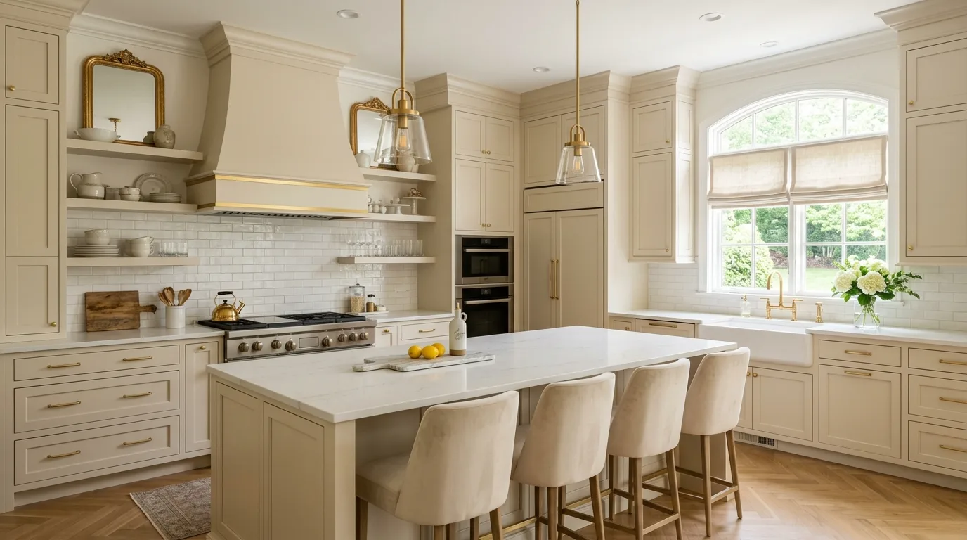 Keep the walls and trim aligned with the cabinet mood inspiration for a beige kitchen.